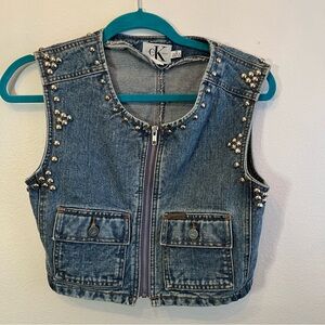 Vintage Calvin Klein Women Medium Denim Vest Studded M Y2K Stonewashed Zip Up